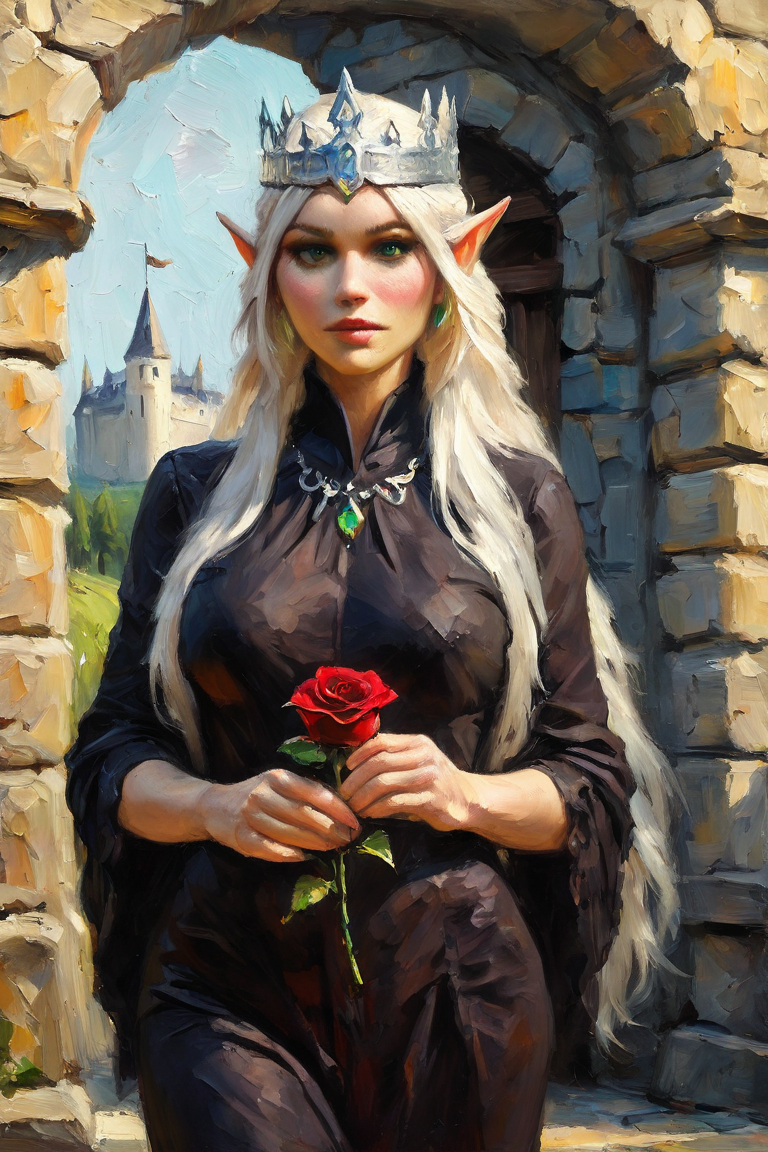 masterpiece, best quality, highres, newest, paletteknife, traditional media, realistic, 1girl, solo, mature female, elf, pointy ears, breasts, long hair, very long hair, white hair, green eyes, portrait, looking at viewer, medium breasts, high collar, long dress, black dress, crown, silver crown, holding, holding flower, rose, red rose, necklace, jewelry, closed mouth, cowboy shot, standing, outdoors, castle <lora:Palette Knife [LoRA] - NoobAI-XL EPS 1.0:0.8>