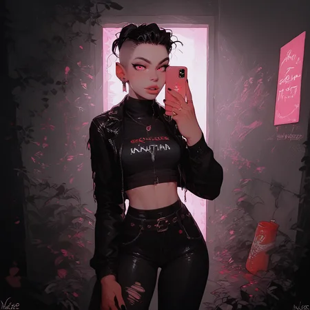 (score_9, score_8_up, score_7_up),illustration of 1 solo girl, 24 years old, super cute, sexy, side shave hairstyle,,neon hair color., (macdonal outfit, clothed, sfw:1.3),
BREAK,
in a fastfood, macdonal,neon light, perfect light, breathtaking dynamic angle, hambruger, coca, american's stuff, (lol),
<lora:Amateur_Nudes_Lascalae-000010:0.7>, SPnude_anime_lascalae, selfshot, standing,, ((harsh flash)),
<lora:incase_v14:0.7>, <lora:g0th1cPXL:0.6>, <lora:Expressive_H:0.8>, <lora:AfrobullPDXLresize(afrobullstyle,):0.4>, afrobullstyle, zPDXL2,<lora:add-detail-xl:1>,