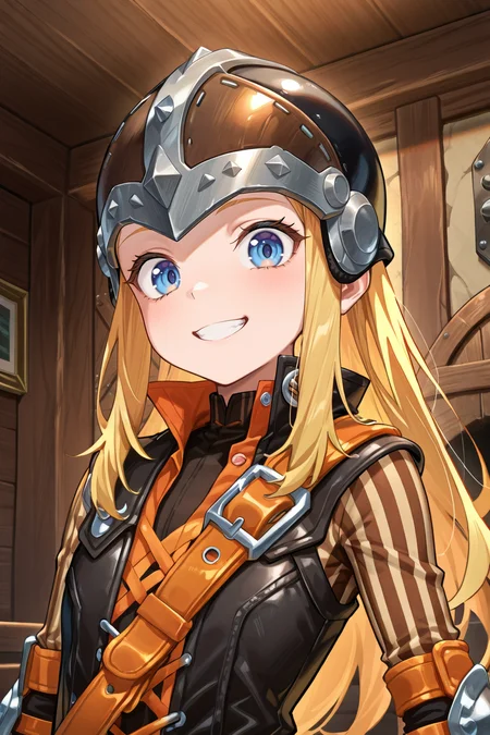 masterpiece, very aesthetic, absurdres, best quality, amazing quality, high resolution, <lora:illustrious_quality_modifiers_masterpieces_v1:0.8> , <lora:ChamIllustriousBackgroundEnhancer:0.5>,  solo  <lora:InzaghiIL:1> , InzDef, adult male, blonde hair, sidelocks, long hair, blue eyes, helmet, armor, elbow pads, orange straps, shoulder belt, metal shoulder belt, popped collar, brown popped collar, layered shirt, orange collared shirt, leather center opening, cross-laced center opening, cross-laced top, black bodysuit, bodysuit under clothes, striped sleeves, looking at viewer, ((face, close-up)), portrait, grin, solo, interior,  facing right, flat chest,