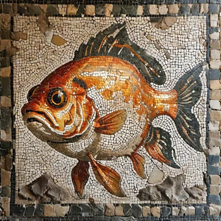 cinematic photo mosaic of a big Gold fish <lora:Roman_Mosaic:1.0>, 35mm photograph, film, bokeh, professional, 14k, highly detailed