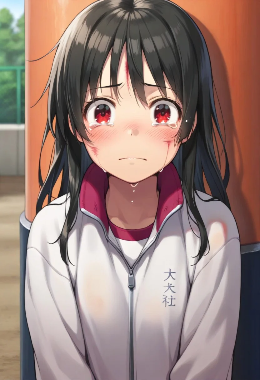 masterpiece,best quality,amazing quality, fushimi inari, black hair, red eyes, long hair, 1girl, solo, tears, injury, track jacket, jacket, upper body, blush