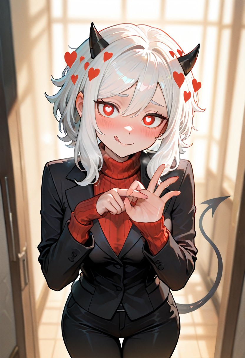 1girl, modeus \(helltaker\), 
red eyes, heart-shaped pupils, white hair, short hair with long locks, 
demon horns, black horns, demon tail, 
red sweater, black suit, black pants, black jacket, 
naughty face, blush, seductive smile, come hither, 
penetration gesture, 
dynamic pose, 
looking at viewer, 
licking lips, 
indoors, bedroom, 
colorful, shiny skin, 
masterpiece, best quality, amazing quality, very aesthetic, absurdres, newest, scenery, (volumetric lighting:1.1), depth of field <lora:Penetration_gesture:1>