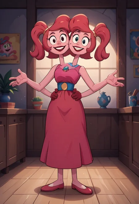 zPDXL, zPDXLxxx, score_9, score_8_up, score_7_up, score_6_up, score_5_up, score_4_up, BREAK cartoon, <lora:Mommy_Long_Legs_Poppy_Playtime_for_PonyXL:0.8>, mommy_long_legs with twoheads, 1girl, solo, noodle neck, noodle waist, looking at each other,  smile, indoors, noodle arms, noodle legs, standing, gloves, lipstick, eyelashes, dress, miniskirt, belt, st3v3n, dancing, bottom hands on waist