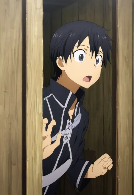 high resolution, solo, best quality, 1Boy, Kazuto Kirigaya, Black Hair, Black Eyes, surprised, peeking out, OverallDetail