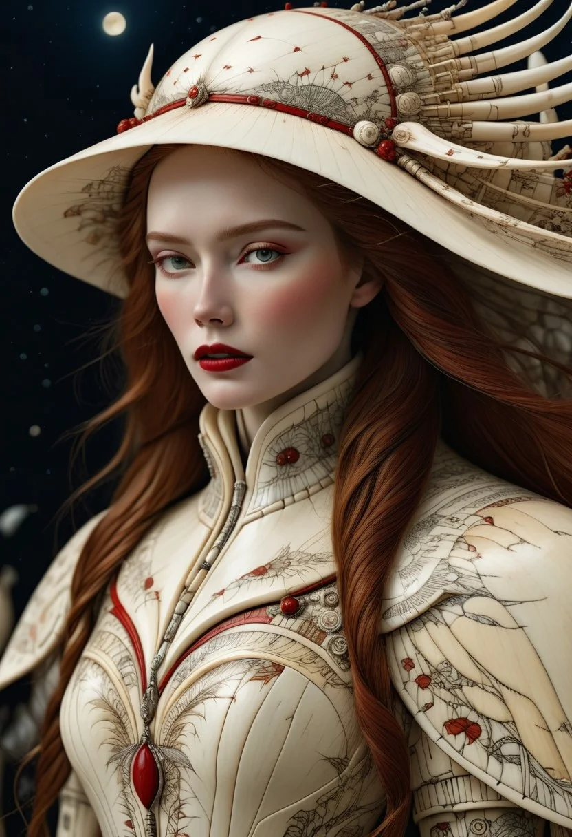 made out of scrimshaw, 1girl, solo, long hair, detailed eyes, natural eyes, very aesthetic, intricate eyes, confident, focused, at night, mascara, beautiful female, detailed, candles, dynamic shot, night, mature woman, bokeh, masterpiece, best quality, amazing quality, absurdres, thick lips, fully dressed, nbn-freyja, gloves, (anatomically correct:1.9), feminine strength, grief, freedom, ritual magic, auburn hair, photorealism, cinematic lighting, high fantasy, mythic portraiture, soft background, northern folklore aesthetic, (cybersuit made out of scrimshaw:1.8), (hat made out of scrimshaw:1.6), natural hands, cyberpunk, futuristic, outdoors, graveyard made out of scrimshaw, (red:2.6).