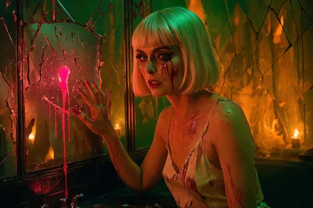 cinematic still, Elvira Hancock in the Scarface sequel’s Hell, the Gilded Phantom, platinum blonde bob and blunt bangs dripping with melted mascara, wearing a torn ivory slip dress suffused with ash, staring into a cracked vanity mirror that oozes neon-pink blood, seated with one hand pressed against the glass in frozen desperation, medium close-up, Dutch angle, setting inside a blazing powder room of Babylon Inferno lined with shattered mirrors and dripping rosaries, mood of haunted vanity and desperate reflection, harsh neon-pink and acid-green backlighting, color theme of ghost white, corrosive magenta, and sulfuric green, style reference: The Neon Demon meets Scarface nightclub horror
