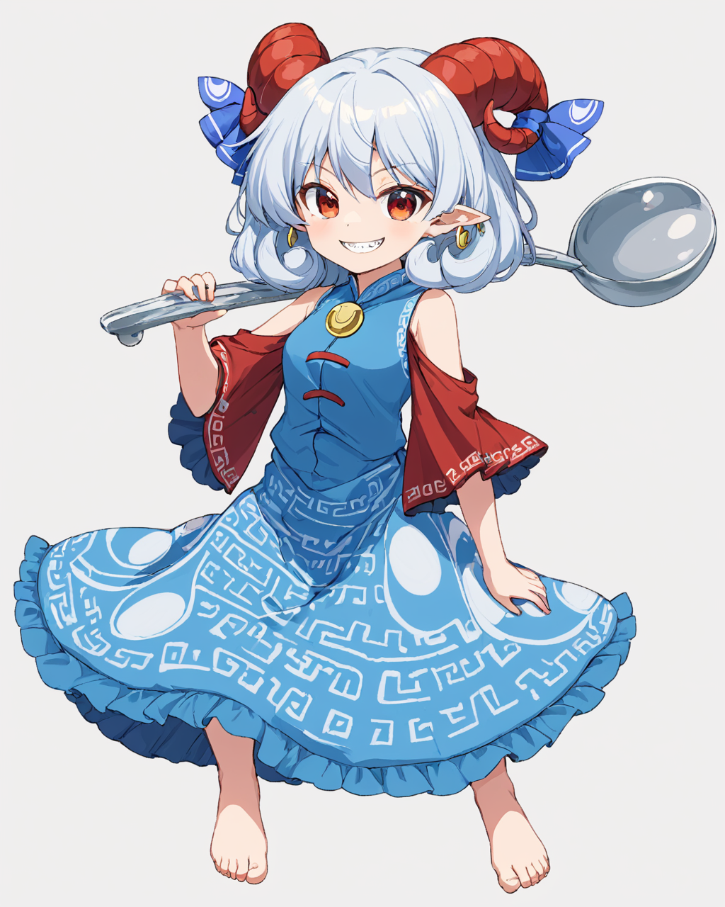 toutetsu yuuma,1girl, red_sleeves, sharp_teeth, oversized_object, red_horns, horn_ribbon, barefoot, solo, detached_sleeves, patterned_clothing, blue_dress, sheep_horns, earrings, simple_background, white_background, grin, looking_at_viewer, horizontal_pupils, full_body, sitting, blue_ribbon
<lora:toutetsu_yuuma_image1106_2023-12-20-000014:1>,star-shaped_pupils,symbol-shaped_pupils,. gorgeous,key visual, vibrant, studio anime,award-winning, professional, highly detailed,high budget, cinemascope