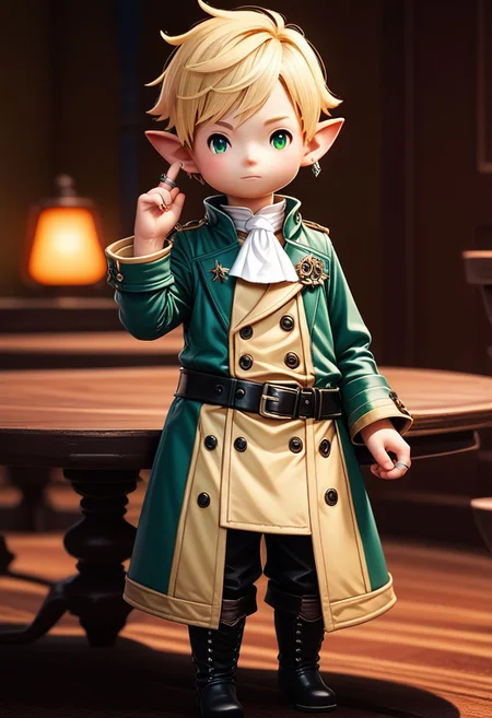 lalatater, monocle, solo, lalafell, pointy ears, jewelry, green eyes, ring, earrings, belt, standing, short hair, full body, looking at viewer, boots, white ascot, coat, blonde hair, depth of field, indoors, long sleeves, hand up, black footwear, 1boy, male focus, chibi, puntable BREAK PonyXLV6_Scores