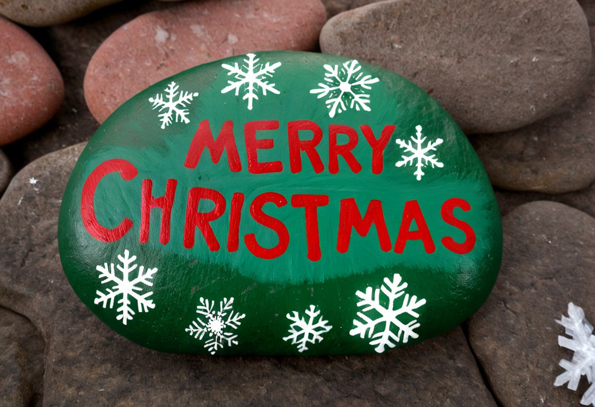 Happy stones. a painted stone, with white snowflakes and a text that reads: "MERRY CHRISTMAS"