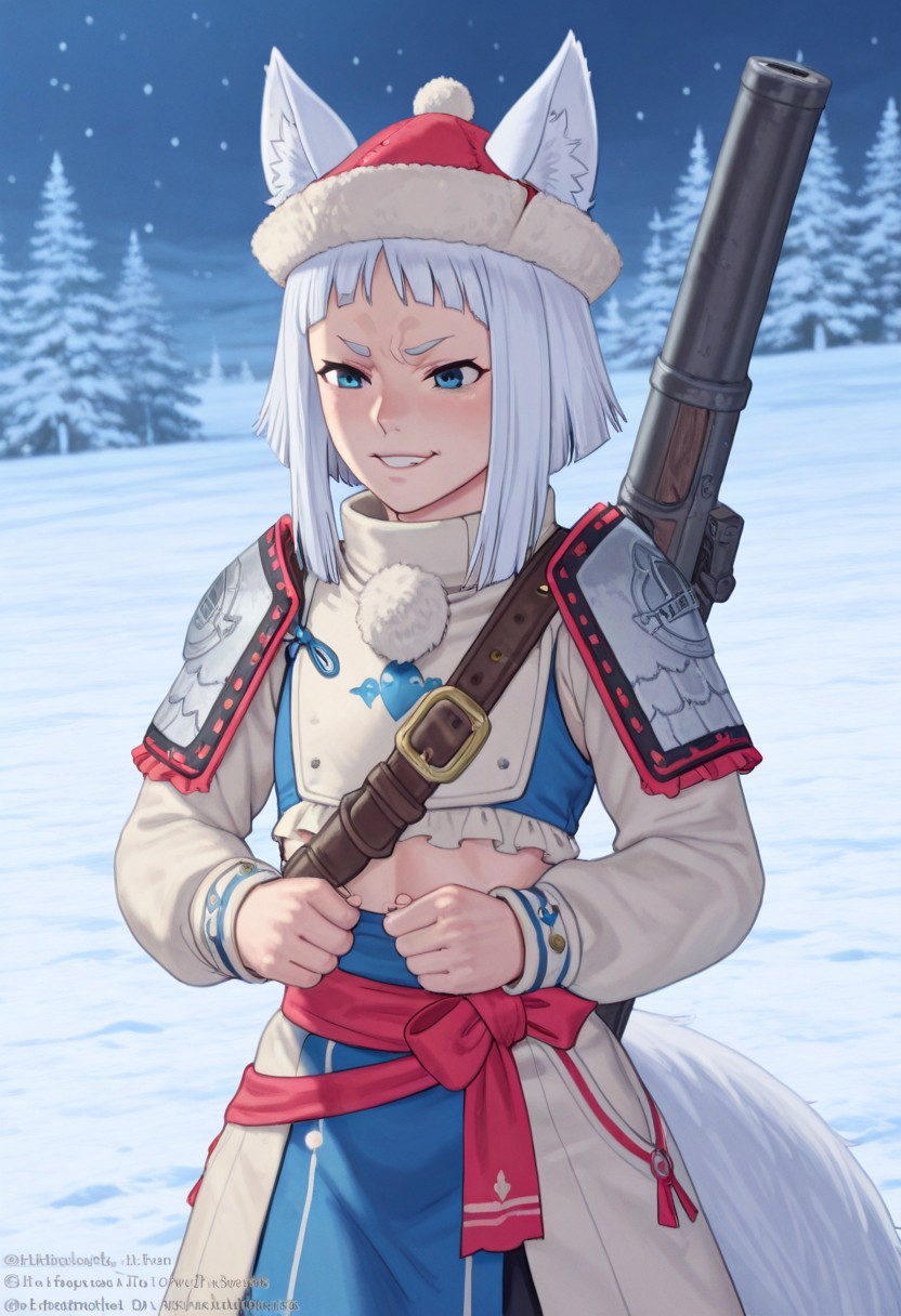 kon_\(tokyo_ravens\), kon, fox girl, big blue eyes,  Streltsi, armor, hat, mature female,
, flat chest, petite, thin, White hair, White Tail, bare midriff, fierce look, , adult, aged up, alternative age, aged up,  unhappy grin, trying not to freeze, looking at you
(arrogant high society French prom trotter look), ,
, frills, (bangs), 
, gun axe on her back,
she is saying "Fffuck... tttthissss",
holding herself by her forearms, trying not to freeze
outdoors, snow, trees, mountains
Hand, detailed, perfection,
masterpiece,best quality,amazing quality,