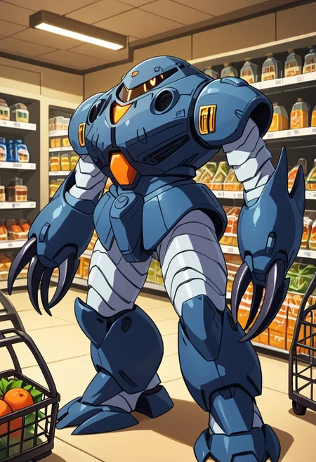 score_9, score_8_up, score_7_up, source_anime, cowboy shot, side view, blue light, BREAK, ( zgok_experiment, orange monoeye, looking at viewer, zeon symbol on chest, menacing claws, standing, ) 1mech, mech focus, solo, BREAK, 
(in grocery store, grabbing melon, produce section, pushing shopping cart, squeezing melon, fruit in claws, large claws, holding)