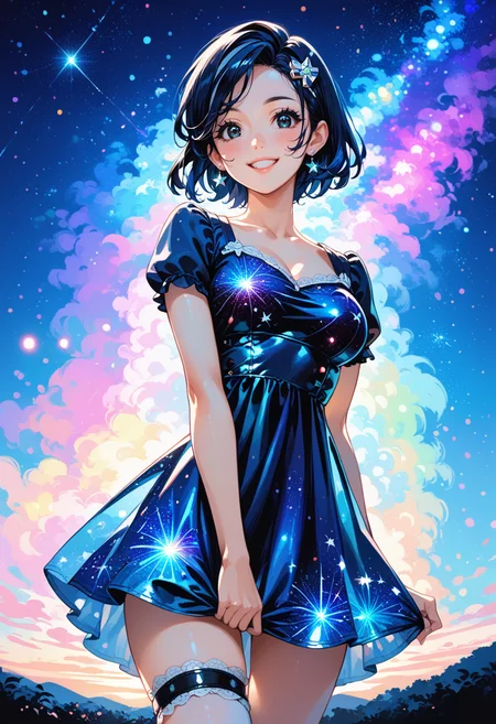 (score_9, score_8_up, score_7_up, masterpiece,source_anime, best quality, perfect anatomy, very aesthetic, ((outlined outlined vector graphics)), source_anime, black theme,
1girl,20yo, black hair, black eyes, short bob hair, hair pin,mdeium  breast, slender,(white thigh strap:1.1),(black clohtes:1.1),,outdoors,  blush, cowboy shot, galaxy, gradient sky, glittering, glimmering, glowing , aetherical, looking at viewer, milky way,starry night, night, night sky, sky, smile, solo, star \(sky\), star \(symbol\), starry background, starry sky, starry sky print,starrynightdress, starry night dress,aqua  dress,,  
<lora:starry-night-dress-01:1.2>,( short sleeve dress:1.2)