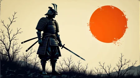 A minimal Linocut print of the last weary Japanese samurai standing alone after an intense battle. He wears no armor nor any helmet. He holds his sword in hand. He is battered, bruised, and bleeds from several minor wounds. He is weary, disgusted, disheartened, and saddened at the lives that were lost. An orange rising sun hangs in sky behind him. This is a full frame body shot, from head to feet, providing a environmental wide angle view of the entire body. Intricate details, masterpiece, best quality. Soft volumetric lighting. <flux_realism_lora:0.42> <FluxDFaeTasticDetails:0.36> <BaroqueColorful:0.48>