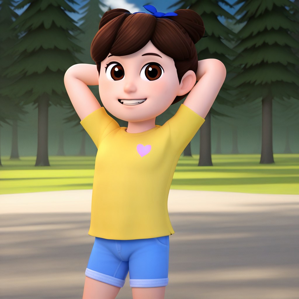 masterpiece, best quality, break, solo, remy_rb, brown hair, brown eyes, double bun, yellow shirt, shorts, standing, forest, hands behind head, smile, looking at viewer, natural lighting