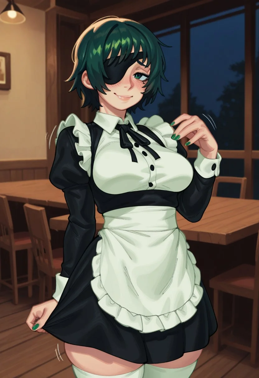 fine detail, high quality eyes, amazing quality, very aesthetic, high resolution, Masterpiece, best quality, (eigaka:0.6), (S4s4k1Nsfw),
solo, looking at viewer, front view, shy pose, standing, cowboy shot,
1girl, (himeno from chainsaw man), green hair, short hair, green eyes, maid dress, long sleeves, medium skirt, white stockings, green nails, makeup, mole under eyes, (medium breasts:1.2), small thighs, cute, blush, naughty face, motion lines,
Cafe background, night, tables, blur background