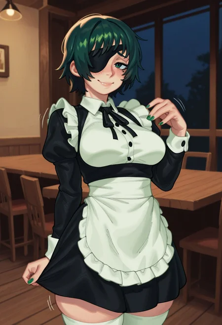 fine detail, high quality eyes, amazing quality, very aesthetic, high resolution, Masterpiece, best quality, (eigaka:0.6), (S4s4k1Nsfw),
solo, looking at viewer, front view, shy pose, standing, cowboy shot,
1girl, (himeno from chainsaw man), green hair, short hair, green eyes, maid dress, long sleeves, medium skirt, white stockings, green nails, makeup, mole under eyes, (medium breasts:1.2), small thighs, cute, blush, naughty face, motion lines,
Cafe background, night, tables, blur background