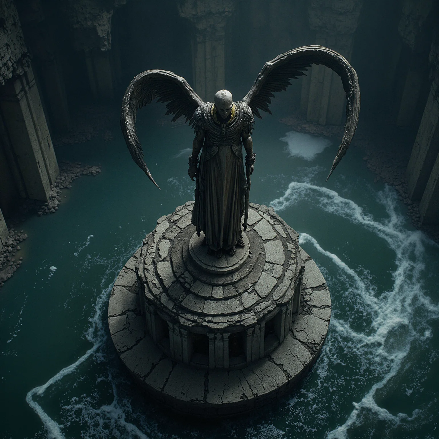In this eerie night-time photograph, an Aerial shot reveals a Formidable Archangel standing atop a crumbling, ancient altar, its once-beautiful stone surface now weathered and worn by the relentless passage of time. The Archangel's wings are outstretched, as if frozen mid-Twirl, its gaze fixed intently to the right, as if beholding some unseen terror lurking beyond the frame. Behind the Archangel, the murky waters of the Underworld River Styx churn and writhe, like a living entity, as if reflecting the darkness within its own soul. The air is, <lora:Flux_Turbo_Alpha.safetensors:1.0> <lora:AITK-fluxCine2-000086.safetensors:0.3> cinematic <lora:flux.1_lora_flyway_Epic-detail_v2.safetensors:0.4> epic gorgeous details