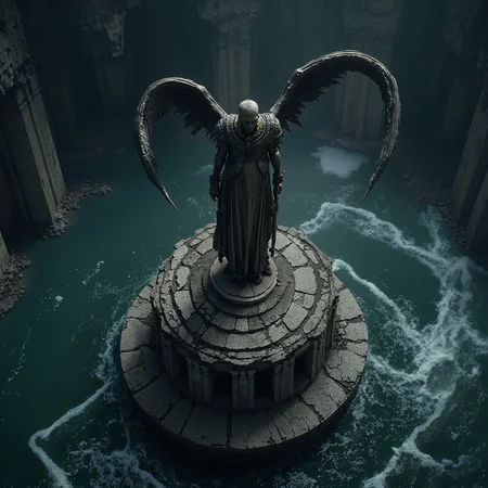 In this eerie night-time photograph, an Aerial shot reveals a Formidable Archangel standing atop a crumbling, ancient altar, its once-beautiful stone surface now weathered and worn by the relentless passage of time. The Archangel's wings are outstretched, as if frozen mid-Twirl, its gaze fixed intently to the right, as if beholding some unseen terror lurking beyond the frame. Behind the Archangel, the murky waters of the Underworld River Styx churn and writhe, like a living entity, as if reflecting the darkness within its own soul. The air is, <lora:Flux_Turbo_Alpha.safetensors:1.0> <lora:AITK-fluxCine2-000086.safetensors:0.3> cinematic <lora:flux.1_lora_flyway_Epic-detail_v2.safetensors:0.4> epic gorgeous details