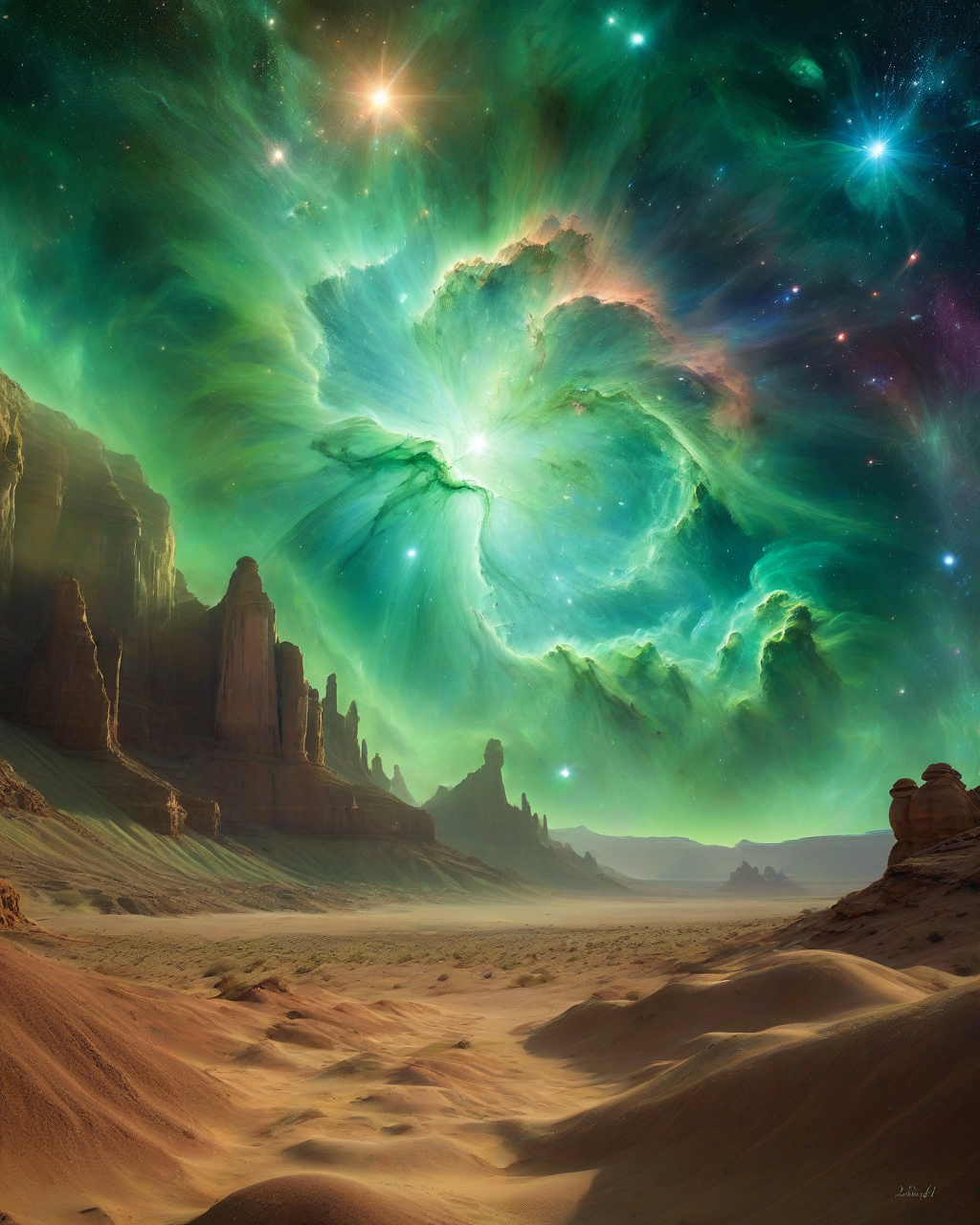 (Masterpiece, Best Quality, Highres:1.2), photoreal cinematic of a desert, background a distant green ring nebula, high fidelity, clarity, realistic, 4k, masterpiece