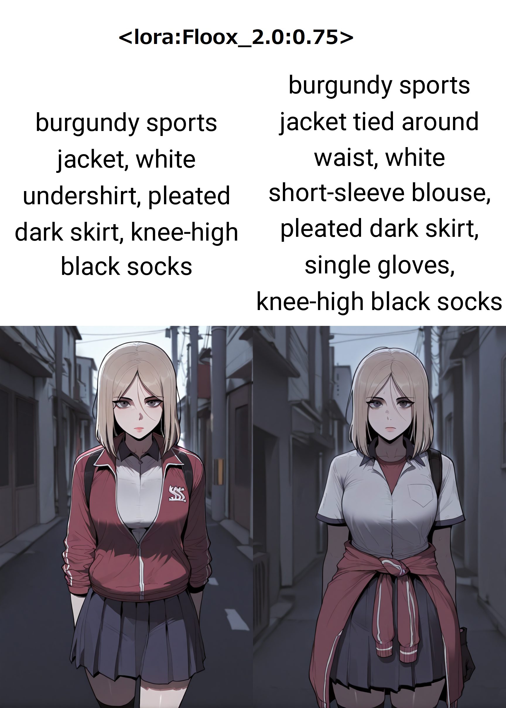 1girl, solo, looking at viewer, emotionless, outdoor,  <lora:Floox_2.0:0.75>
BREAK
 <lora:Shin_Yeong_Kang:0.85>  Shin_Yeong, medium hair, blond hair, dark gray eyes, "burgundy sports jacket, white undershirt, pleated dark skirt, knee-high black socks", masterpiece, best quality, amazing quality, very aesthetic, absurdres,  newest,