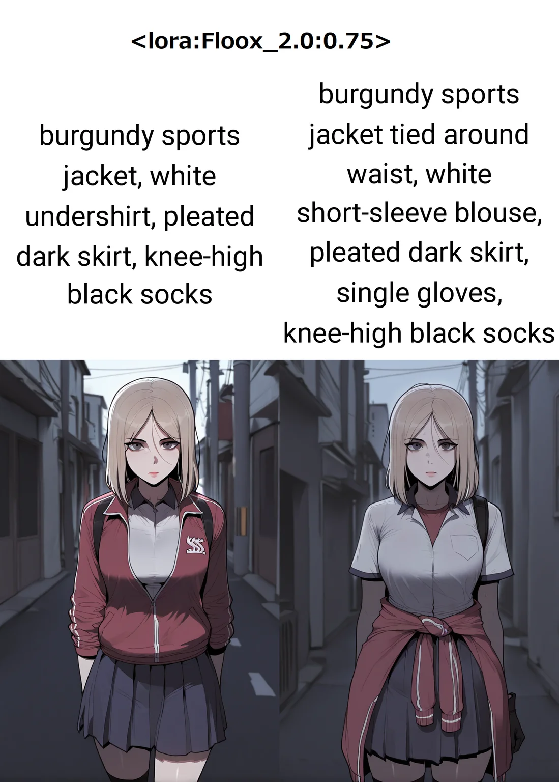 1girl, solo, looking at viewer, emotionless, outdoor, <lora:Floox_2.0:0.75>
BREAK
<lora:Shin_Yeong_Kang:0.85> Shin_Yeong, medium hair, blond hair, dark gray eyes, "burgundy sports jacket, white undershirt, pleated dark skirt, knee-high black socks", masterpiece, best quality, amazing quality, very aesthetic, absurdres, newest,