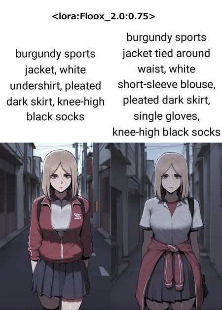 1girl, solo, looking at viewer, emotionless, outdoor, <lora:Floox_2.0:0.75>
BREAK
<lora:Shin_Yeong_Kang:0.85> Shin_Yeong, medium hair, blond hair, dark gray eyes, "burgundy sports jacket, white undershirt, pleated dark skirt, knee-high black socks", masterpiece, best quality, amazing quality, very aesthetic, absurdres, newest,