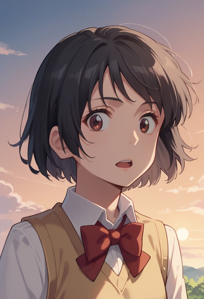 score_9, score_8_up, score_7_up, source_anime,mitsuha miyamizu,1girl, solo, looking at viewer, short hair, open mouth, shirt, black hair, bow, brown eyes, school uniform, white shirt, upper body, sky, cloud, bowtie, red bow, red bowtie, sweater vest, sunset, twilight