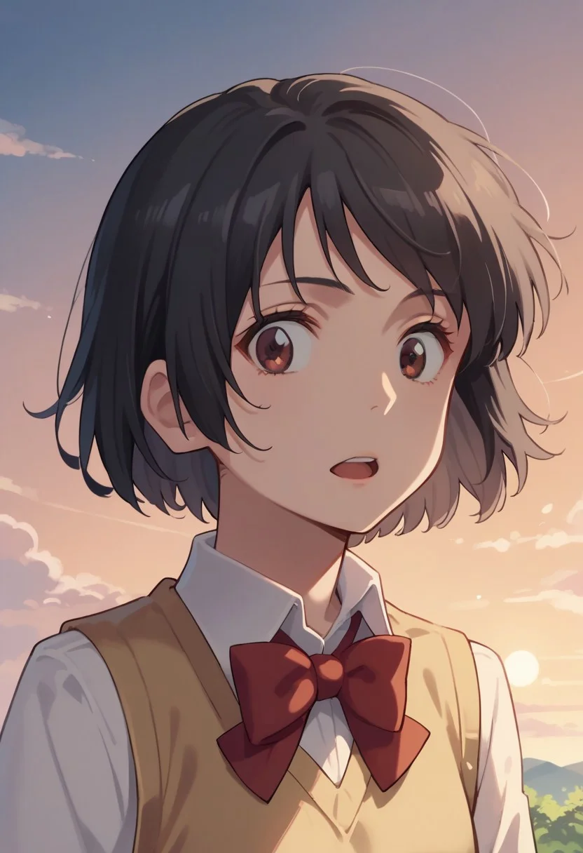 score_9, score_8_up, score_7_up, source_anime,mitsuha miyamizu,1girl, solo, looking at viewer, short hair, open mouth, shirt, black hair, bow, brown eyes, school uniform, white shirt, upper body, sky, cloud, bowtie, red bow, red bowtie, sweater vest, sunset, twilight