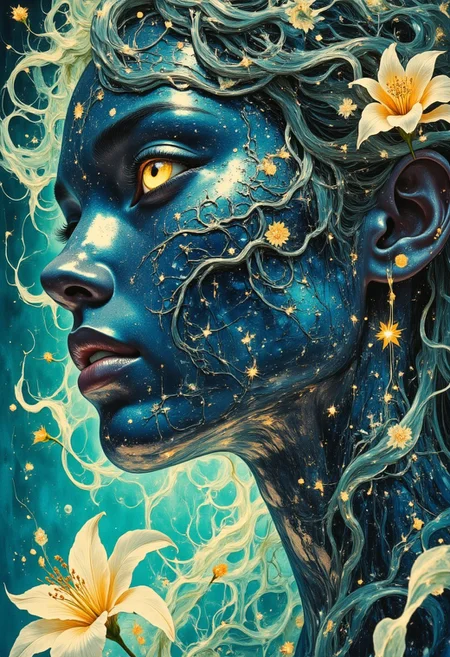 A closeup portrait of an intricately crafted statue of a woman made entirely of engraved crystal and glass, exuding an otherworldly, ethereal beauty that is both haunting and mesmerizing. Her form is impossibly delicate and detailed, every inch of her figure sculpted with meticulous precision and infused with a surreal, mystical presence that captivates the viewer's gaze. Her face and shoulders are illuminated by an internal, ambient glow, casting a soft, celestial light that enhances the haunting, ethereal atmosphere.
Her skin is composed of delicate, engraved blue glass that shimmers with a translucent, icy sheen, giving her an ethereal, ghostly presence. The glass is impossibly smooth and reflective, its luminous surface etched with intricate, flowing patterns that curve gracefully along her delicate features. The delicate engravings are impossibly fine, swirling across her cheeks and forehead in hypnotic, spiraling designs that resemble ancient celestial symbols or cosmic constellations. The flowing patterns reflect the soft, ambient glow, creating delicate, shimmering highlights that dance across her glassy skin, enhancing her otherworldly, spectral allure.
Shards of crystal are intricately woven into her hair, their sharp, angular facets glistening with an iridescent, celestial light. Her hair is impossibly delicate and flowing, crafted from fine strands of transparent glass that ripple and twist in graceful, fluid waves, as if caught in a gentle, supernatural breeze. The glass strands are impossibly light and flowing, cascading down her shoulders and curling around her delicate neck, blending seamlessly into the flowing layers of her ornate gown. The shards of crystal woven through her hair catch the ambient glow, reflecting vibrant hues of blue, green, and yellow that shimmer and flicker as the light shifts, enhancing her celestial, otherworldly beauty.
Her eyes gleam with a bluish, otherworldly light that radiates from within, their luminous depths swirling with ethereal, celestial energy. The glowing orbs are impossibly vivid and hypnotic, their shimmering light reflecting the vibrant colors that splash dynamically around her. Her gaze is intense and captivating, her glowing eyes fixed intently on the viewer with an unblinking, mesmerizing stare that conveys a sense of ancient wisdom and serene grace. Her glowing eyes are impossibly deep and mysterious, reflecting the swirling colors and celestial light that envelop her form, enhancing her haunting, ethereal beauty.
She wears a majestic, wind-blown ornate gown crafted from delicate layers of flowing glass and shimmering crystal that swirl gracefully around her slender form. The gown is impossibly light and ethereal, its translucent layers rippling and billowing in delicate, fluid waves as they catch the ambient glow. The flowing fabric is adorned with intricate patterns of swirling vines and blooming flowers, meticulously engraved with fine detail that reflects the celestial light with delicate, shimmering highlights. The crystal flowers are delicate and impossibly lifelike, their translucent petals glowing softly with vibrant hues of blue and green, enhancing the celestial, otherworldly ambiance.
The ornate gown clings to her delicate figure, tracing every curve with elegant, flowing lines that enhance her ethereal, angelic presence. The fabric is impossibly delicate and weightless, blending seamlessly into the swirling tendrils of light and color that envelop her form, creating a surreal, dreamlike composition. The flowing layers of glass ripple gracefully around her shoulders and cascade downward in billowing arcs, their delicate, fluid movements enhancing her celestial, spectral allure.
Her face is hauntingly beautiful and impossibly delicate, sculpted with graceful, flowing lines that capture her serene, angelic presence. Her delicate features are impossibly smooth and symmetrical, reflecting the ambient glow with a flawless, glassy sheen. Her face is impossibly serene, her expression calm and composed as she gazes intently at the viewer with a subtle, enigmatic smile that conveys a sense of quiet wisdom and ancient mystery. Her delicate, sculpted lips are softly curved, their gentle, graceful lines enhancing her serene, ethereal beauty.
Her delicate shoulders are illuminated by the soft, ambient glow that radiates from within her translucent form, creating a delicate, celestial halo that enhances her divine, angelic presence. The flowing layers of her ornate gown blend seamlessly into the ambient glow, enhancing the fluid, harmonious composition. Her delicate, flowing curls of glass blend into the swirling colors that envelop her form, creating a surreal, dreamlike ambiance that enhances her haunting, ethereal beauty.
She is encased in a giant crystal that radiates with otherworldly energy, its luminous surfaces shimmering with vibrant hues of blue, green, and yellow that reflect the swirling colors that envelop her form. The giant crystal is intricately detailed, its angular facets reflecting the ambient glow with dazzling highlights that shimmer and flicker with celestial light. The glowing crystal casts elongated, flowing reflections across her delicate form, enhancing her celestial, otherworldly presence.
An abstract explosion of vibrant colors—blue, green, and yellow—splashes dynamically around her, swirling in fluid, hypnotic patterns that create a dramatic vignette effect. The swirling colors are impossibly vivid and dynamic, their flowing lines twisting and curling around her form in graceful, harmonious arcs that enhance the fluid, ethereal composition. The vibrant hues blend seamlessly into the ambient glow, creating a surreal, dreamlike atmosphere that envelops her delicate form in celestial light and swirling energy.
The vibrant colors are impossibly vivid and luminous, their delicate gradients blending seamlessly into one another as they swirl and twist around her. The swirling colors are dynamic and fluid, their flowing lines creating a hypnotic, mesmerizing effect that enhances the celestial, otherworldly ambiance. The abstract explosion of colors envelops her delicate, translucent form, enhancing her haunting, ethereal beauty.
The glowing crystal, swirling colors, and ethereal light create a surreal, dreamlike composition that captures the haunting, celestial beauty of the intricate statue. The vibrant colors, delicate flowing lines, and glowing, otherworldly energy enhance her divine, angelic presence, capturing the haunting, ethereal beauty of the intricate statue of the woman made of engraved crystal and glass.
This closeup portrait masterfully captures the intricate, ethereal beauty of the celestial statue, blending flowing, organic lines with vibrant, glowing colors to create a surreal, dreamlike composition that exudes otherworldly grace and divine beauty. Every detail, from the delicate engravings on her glassy skin to the swirling colors that envelop her form, contributes to the mystical, poetic narrative of celestial beauty, haunting mystery, and ethereal transcendence.