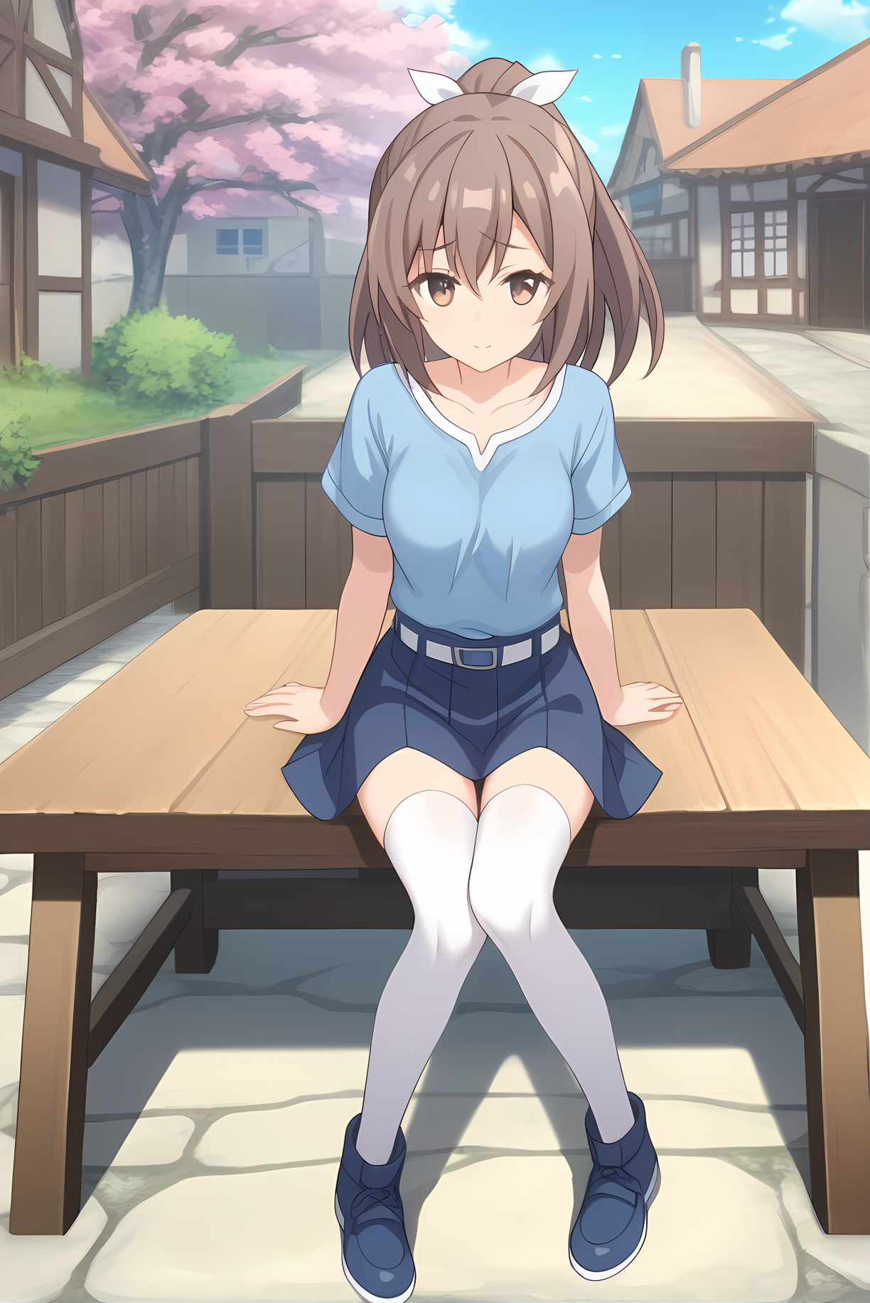 (blue shirt blue skirt belt white thighhighs blue shoes), bof-sally, brown hair, hair ribbon, ponytail, medium breasts, 1girl, solo, skinny, feet, score_9, score_8, score_7, source_anime, lewd, town, (1.3::full body|sitting|standing|lying|0.6::close-up| :1.20), <lora:bof-sally-V01-000005:0.70>