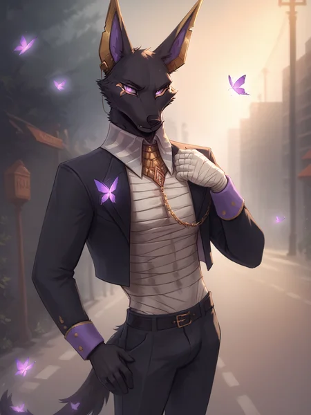 score_9, score_8_up, score_8, drewdislyte, jackal, male, tail, fluffy neck fur, black fur, gold ears, (monocle), digital painting, solo, flat color, soft lighting, rugged appearance, scruffy, 5finger, street background, looking at viewer, serious, slim, thin, notched ear, fang, looking at viewer, bandages, suit, butterflies, (depth of field), <lora:princess_xl_v2:1>, <lora:Smooth Anime Style LoRA XL:1>, <lora:LoraDrewBYXL_drewdislyte50:1>