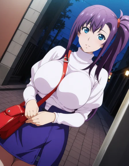 <lora:Haruko_Amaya_v01:1> harukoamaya, blue eyes, purple hair, side ponytail, large breasts,
dutch angle, depth of field, HDR, 8K,
masterpiece,best quality,amazing quality, highest score, turtleneck, shoulder bag, night, street, standing, cowboy shot, love gaze, parted lips, light smile
