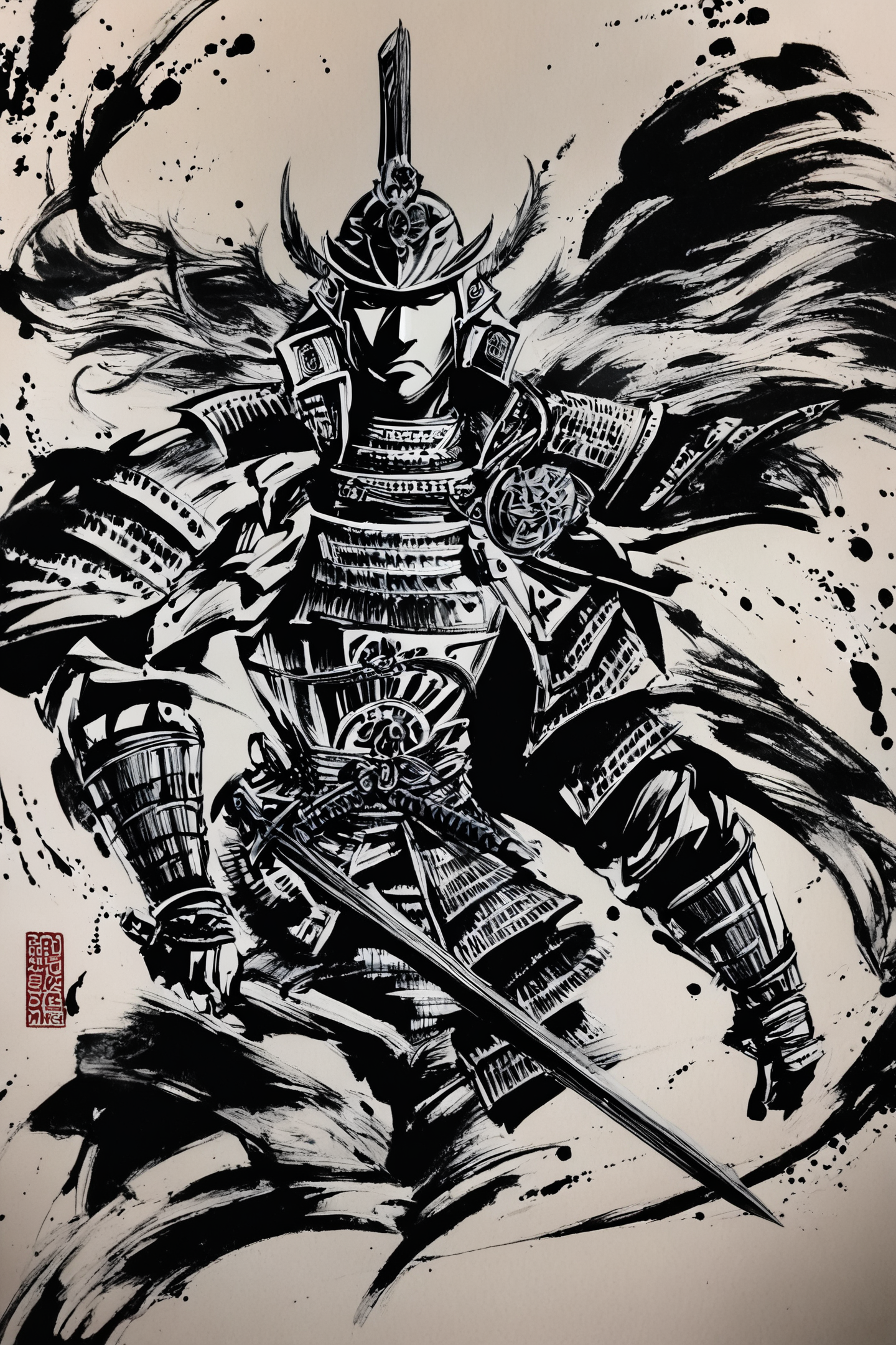 score_9,score_8_up,score_7_up,masterpiece,best quality,
armor,helmet,samurai,weapon,japanese armor,solo,1boy,monochrome,sword,male focus,shoulder armor,full armor,holding,kabuto \(helmet\),holding weapon,greyscale,holding sword,traditional media,ink \(medium\),
<lora:okazu_XL_PONY:1>,
