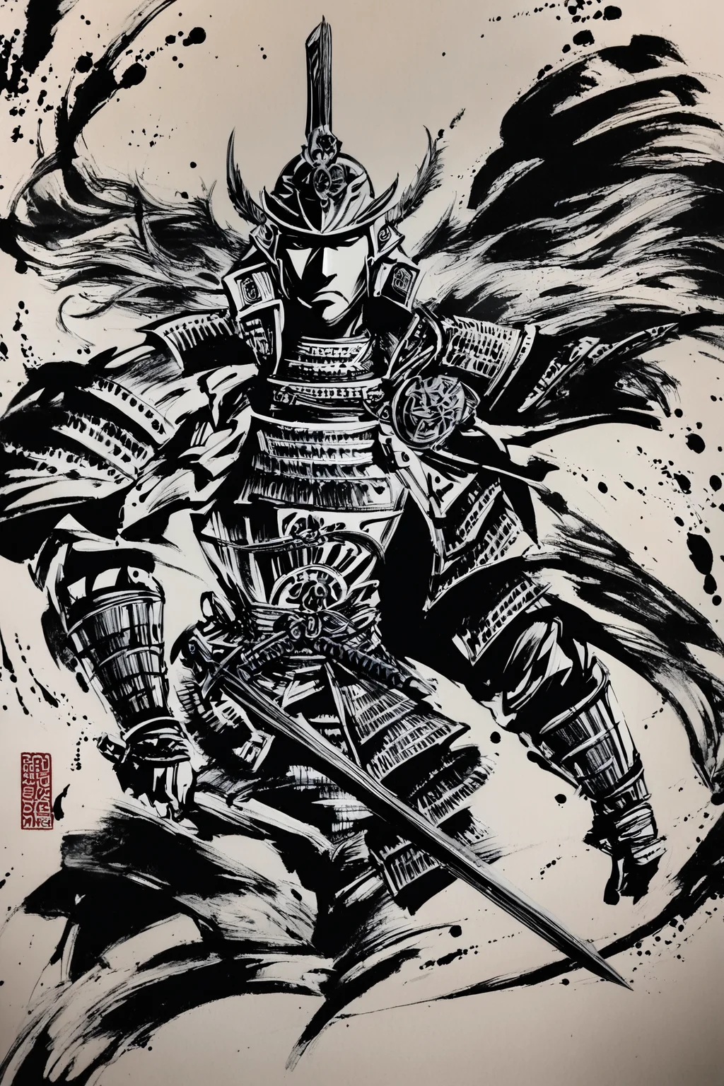 score_9,score_8_up,score_7_up,masterpiece,best quality,
armor,helmet,samurai,weapon,japanese armor,solo,1boy,monochrome,sword,male focus,shoulder armor,full armor,holding,kabuto \(helmet\),holding weapon,greyscale,holding sword,traditional media,ink \(medium\),
<lora:okazu_XL_PONY:1>,