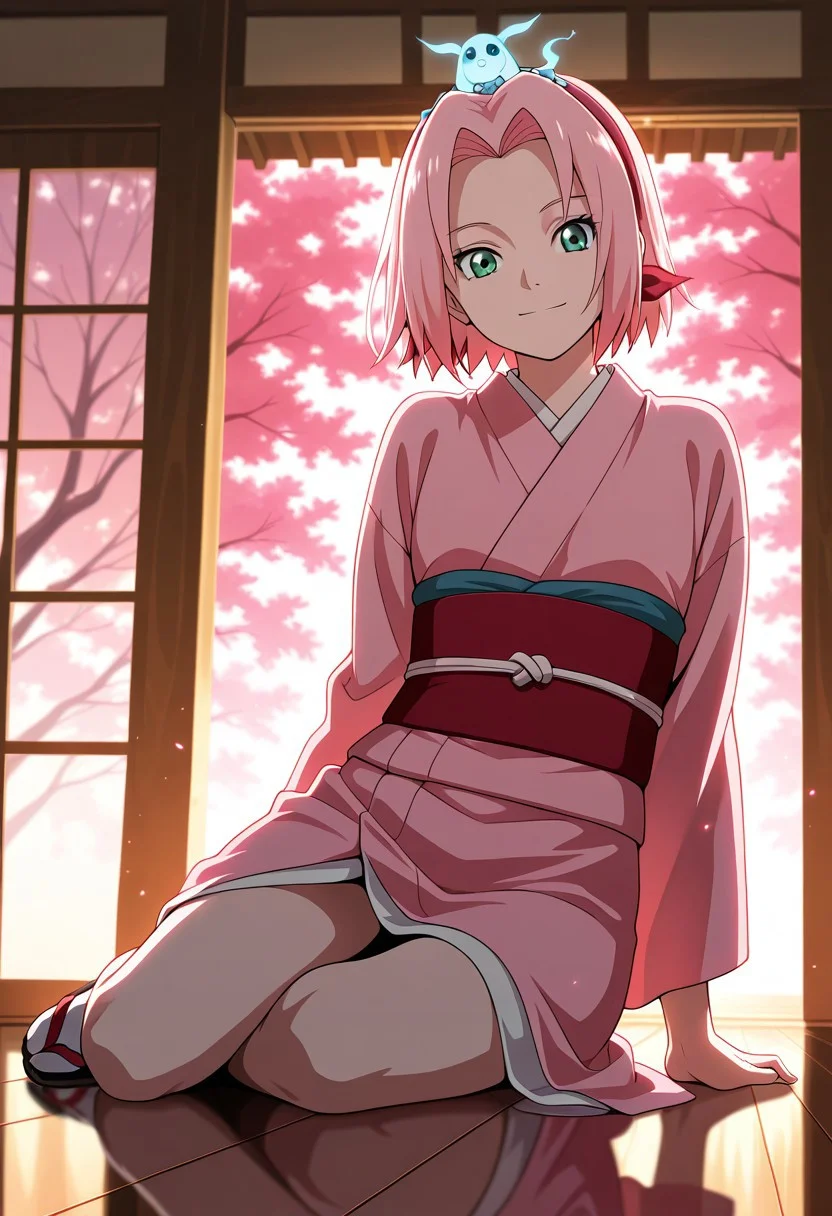 Score_9_up, score_8_up, score_7_up, source_anime, Expressiveh, perfect eyes, 1girl, solo, haruno sakura, pink hair, short hair, green eyes, slim body,Small breasts,
best quality, dynamic pose, dynamic angle, heart, looking at viewer,
pink kimono with red flowers, light reflecting on skin, japanese garden, sunny, godrays, intense lighting, detailed background, playful pose, spirit familair, spirit on head, cheerful, happy, looking at viewer, sitting,Dynamic pink lighting,nightpink particles,reflective floor,
 score_9, score_8_up, score_7_up, score_6_up, score_5_up, score_4_up, masterpiece, 4K, quad HD, best quality, high quality, highres, stunning details, highly detailed, ultra detailed, extreme detail, perfect composition, very aesthetic, sharp focus, crisp details, vivid colors, soft lighting, cinematic lighting, dynamic lighting, volumetric lighting, sharp contrast, smooth shading, intricate details, cinematic color grading, clear details, harmonious composition, vibrant colors, ambient lighting, anime-style illustration, vibrant and expressive, ultra-detailed, high-resolution, smooth shading, cel shading, vivid anime colors, best quality, intricate details, elegant pose, cinematic lighting, dynamic composition, anime fantasy background, soft glow, dreamy atmosphere, stunning character design, expressive eyes, 4K HD, anime artstation trending,, ansrd