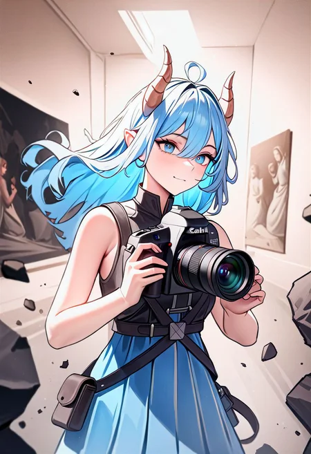 (ultra high res:1.4), (masterpiece:1.4), (dslr:1.4), (8k:1.4), (beautiful lighting:1.4), a girl horns, blue eyes radiant glowing hair, she is standing in front of a painting, a hyperrealistic painting, inspired by Sam Spratt, shutterstock contest winner, shock art, girl carving himself out of stone, cracking glass through reality, art in an absurdist style, devouring