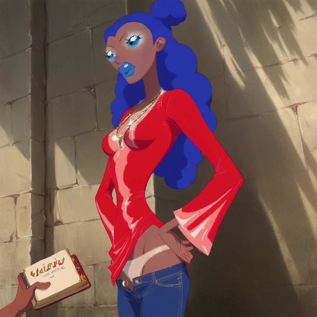 solo, (score_9 | score_8_up | score_7_up) (masterpiece, jewelry, clothes pull, day, red dress, underwear, food, solo focus, long hair, hands on hips, book, dark skin, hair bun, denim, copyright name, blue lips, medium breasts