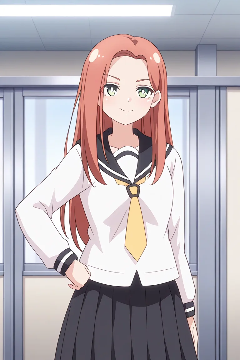 1girl, solo, kyoukolylustea, red hair, parted bangs, long hair, green eyes, white pupils, bright pupils, white shirt, black sailor collar, yellow necktie, black skirt, school, uniform, indoors, corridors, hand on hip, confident smile, standing, cowboy shot,