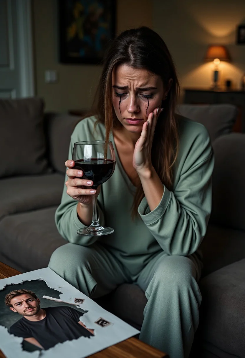 A woman in sweatpants and baggy shirt, dark black mascara running down her eyes as she cries on her couch, she holds a large glass of wine, A ripped up photograph of a man is on the coffee table in front of her, messy home interior, photograph, high quality, detailed, realistic