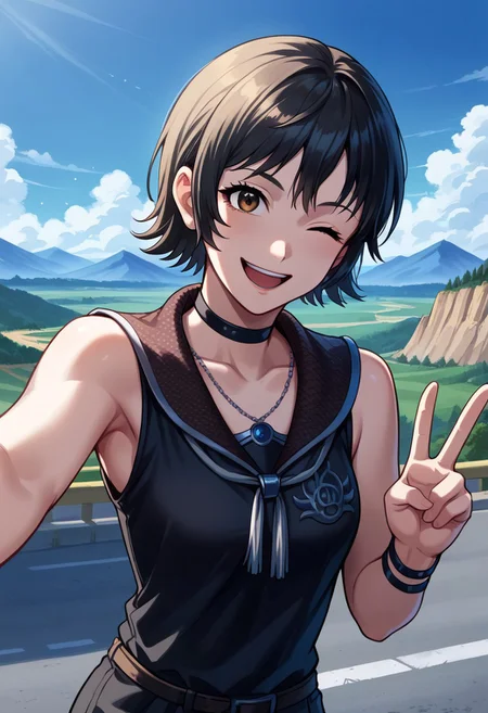 masterpiece,best quality,score_9, score_8_up, score_7_up, score_6_up,source_anime,
1girl, iris amicitia <lora:iris_amicitia(ffxv)-PD-1.0:1>,short hair,black hair,brown eyes,(happy smile,open mouth,wink),(black clothes,bare shoulder, bracelet),(upper body,face focus),(selfie,v,head tilt),(landscape,outdoor,blue sky,mountain,valley,cliff,parking lot)