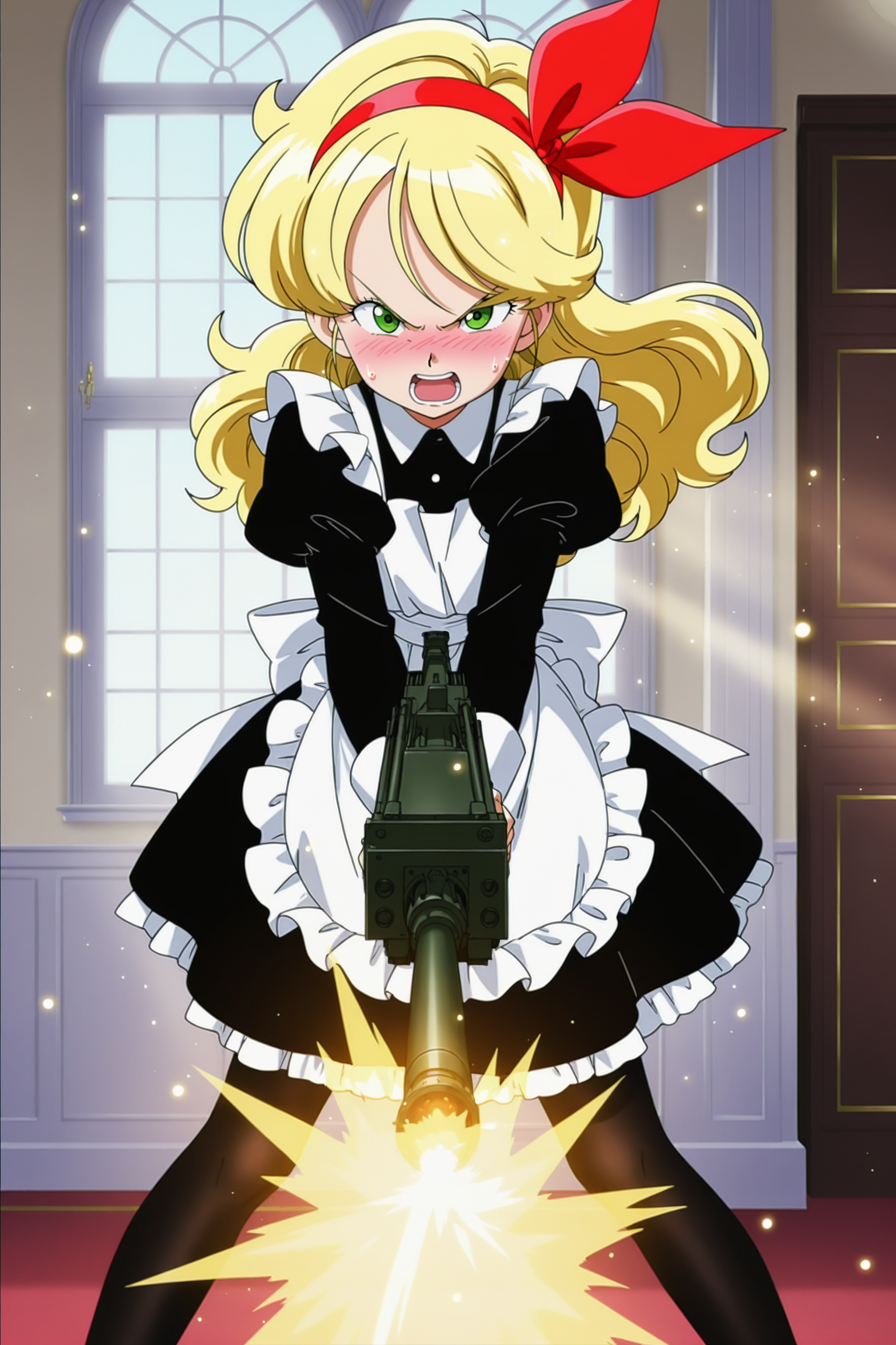 anime screencap, absurdres, high quality, official style,
launch bad, official style, 1girl, solo, long hair, looking at viewer, blush, open mouth, bangs, blonde hair, long sleeves, mansion, green eyes, standing, hair ribbon, pantyhose, v-shaped eyebrows, frills, teeth, alternate costume, puffy sleeves, sweatdrop, apron, black dress, red bow, black pantyhose, maid, feet out of frame, embarrassed, juliet sleeves, white apron, maid apron, red hairband, v-shaped eyebrows, indoors, dappled sunlight, holding machine gun, firing at viewer, bullet, light particles, window, 
 <lora:Launch_IL:0.8>