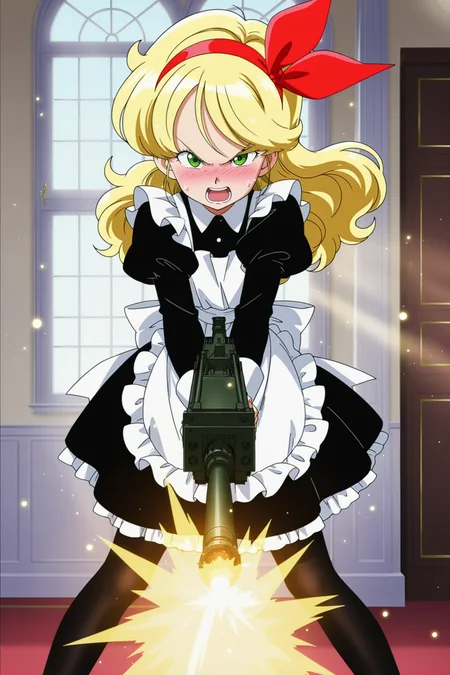 anime screencap, absurdres, high quality, official style,
launch bad, official style, 1girl, solo, long hair, looking at viewer, blush, open mouth, bangs, blonde hair, long sleeves, mansion, green eyes, standing, hair ribbon, pantyhose, v-shaped eyebrows, frills, teeth, alternate costume, puffy sleeves, sweatdrop, apron, black dress, red bow, black pantyhose, maid, feet out of frame, embarrassed, juliet sleeves, white apron, maid apron, red hairband, v-shaped eyebrows, indoors, dappled sunlight, holding machine gun, firing at viewer, bullet, light particles, window,
<lora:Launch_IL:0.8>