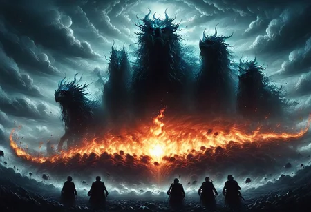 cinematic_photo, mad-abvthclds, clouds, mad-embr, fire, (giant_flaming_dragon:1.25) in the distance, (group_of_knights in the foreground:1.5), ominous, dark, chiaroscuro, low-key,