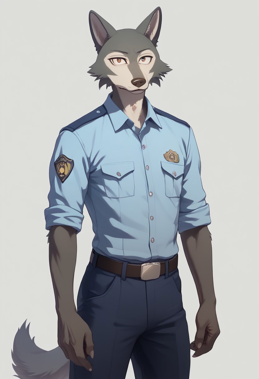 anthro furry male wolf Legoshi,slim body,boy,men, solo, portrait,((male Japanese Summer Police Uniform,light-blue collared shirt, rank slides,short sleeves,sleeves rolled up,dark blue pants,Walkie-Talkie)),((gray fur)),standing,skinny, looking at viewer, fur body,realistic style, (simple background,complex background,sexy pose,wolf tail,cartoon eyes,score_9,score_8,score_7,score_8_up,score_7_up,score_6_up,