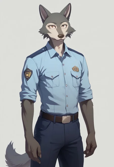 anthro furry male wolf Legoshi,slim body,boy,men, solo, portrait,((male Japanese Summer Police Uniform,light-blue collared shirt, rank slides,short sleeves,sleeves rolled up,dark blue pants,Walkie-Talkie)),((gray fur)),standing,skinny, looking at viewer, fur body,realistic style, (simple background,complex background,sexy pose,wolf tail,cartoon eyes,score_9,score_8,score_7,score_8_up,score_7_up,score_6_up,