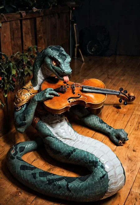 score_9, score_8_up, score_7_up, hi res, high quality, anthropomorphic_snakes_(naga), solo, gold body, coloured sclera, slit pupil, lying, scales, violin
playing violin, bow (music) on a stage with his Naga band, tail, coloured sclera, tongue, long black hair, topknot, <lora:Anthropomorphic_snakes_Naga:1>