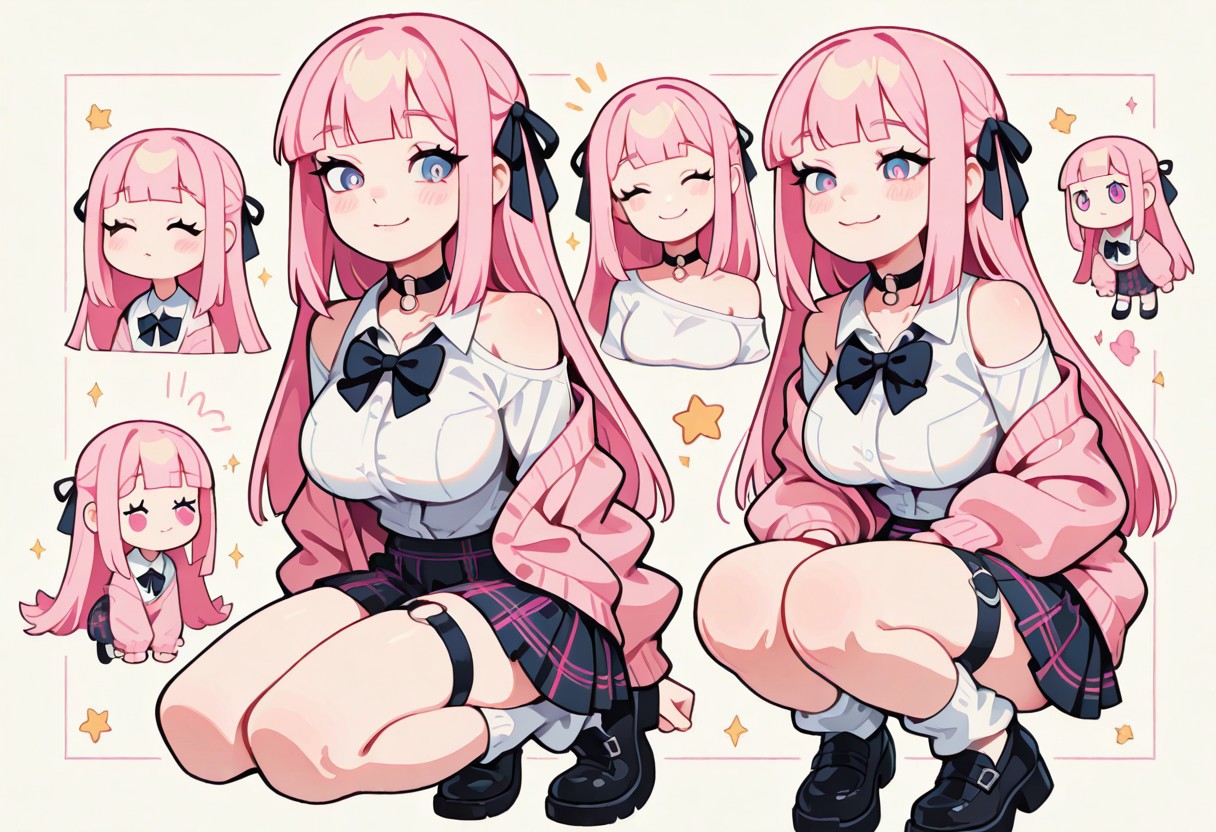 1 girl , solo , blushing , closed mouth , bratty smile , eyelashes , cute , long straight hair , blunt bangs , winking , star , ribbon , hair ribbon , 
 large breasts, slim , slender , navel , 
thigh strap, choker, o-ring choker, pink cardigan, bowtie, white shirt, shirt open, tucked in, plaid skirt, pleated skirt, bare shoulder, white socks, loose socks, black footwear, 
squatting, 
masterpiece, best quality ,amazing quality ,S4bit4mago_illu , Protoneon  ,s0wasow4rt_illu, t1m3r