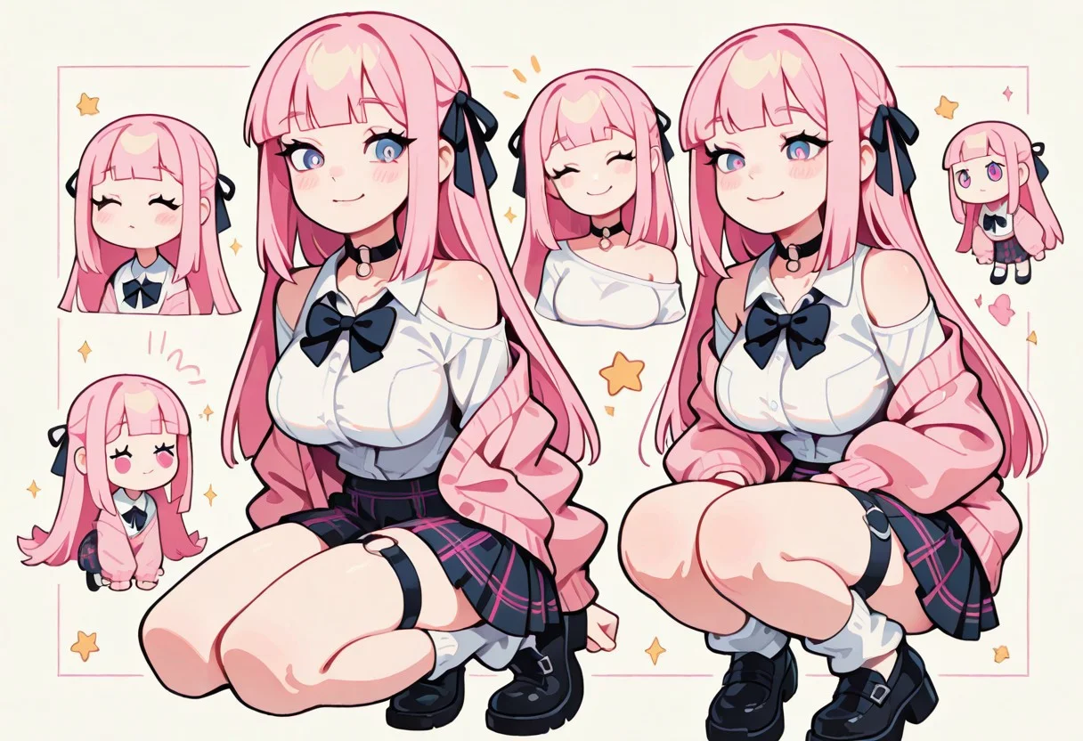 1 girl , solo , blushing , closed mouth , bratty smile , eyelashes , cute , long straight hair , blunt bangs , winking , star , ribbon , hair ribbon , 
 large breasts, slim , slender , navel , 
thigh strap, choker, o-ring choker, pink cardigan, bowtie, white shirt, shirt open, tucked in, plaid skirt, pleated skirt, bare shoulder, white socks, loose socks, black footwear, 
squatting, 
masterpiece, best quality ,amazing quality ,S4bit4mago_illu , Protoneon  ,s0wasow4rt_illu, t1m3r