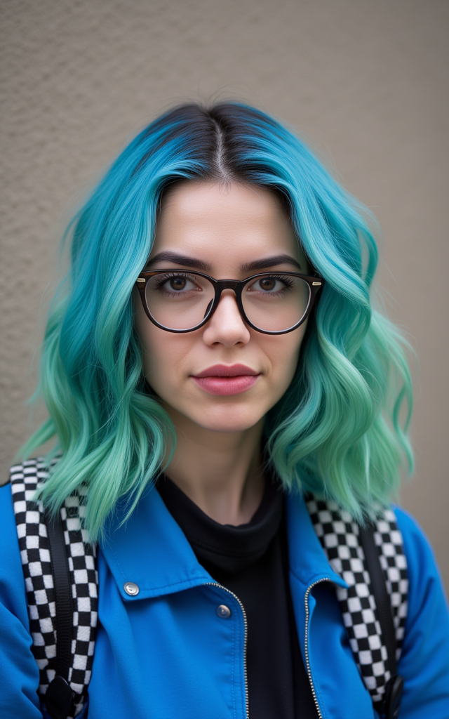 A woman with blue and green hair is standing in front of a wall. She has a black and white checkered backpack on her shoulders. She is wearing a blue jacket and a black shirt. The woman is wearing glasses on her face. 