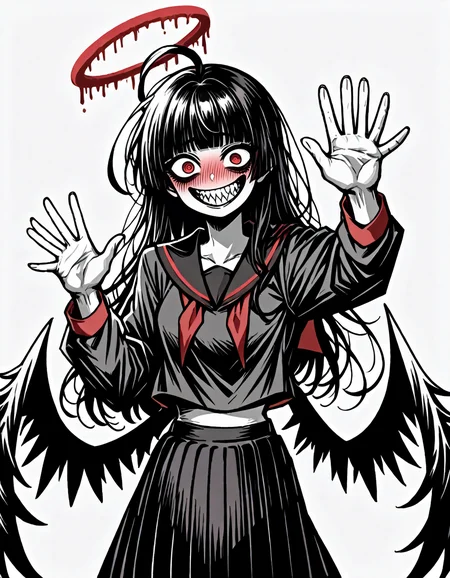 score_9, score_8_up, score_7_up, <lora:Clean Sketch (J) style:1> monochrome, solo, <lora:EPbaTsurugi:0.8> EPbaTsurugi, black hair, long hair, red eyes, blunt bangs, ahoge,, halo,, black wings,, black sailor collar, black serafuku, black school uniform, black skirt, red neckerchief, blush, eyelashes, pleated skirt, sailor collar, skirt,, sharp teeth, grin, crazy eyes, crazy smile, grin, one arm up, waving, looking at viewer,
